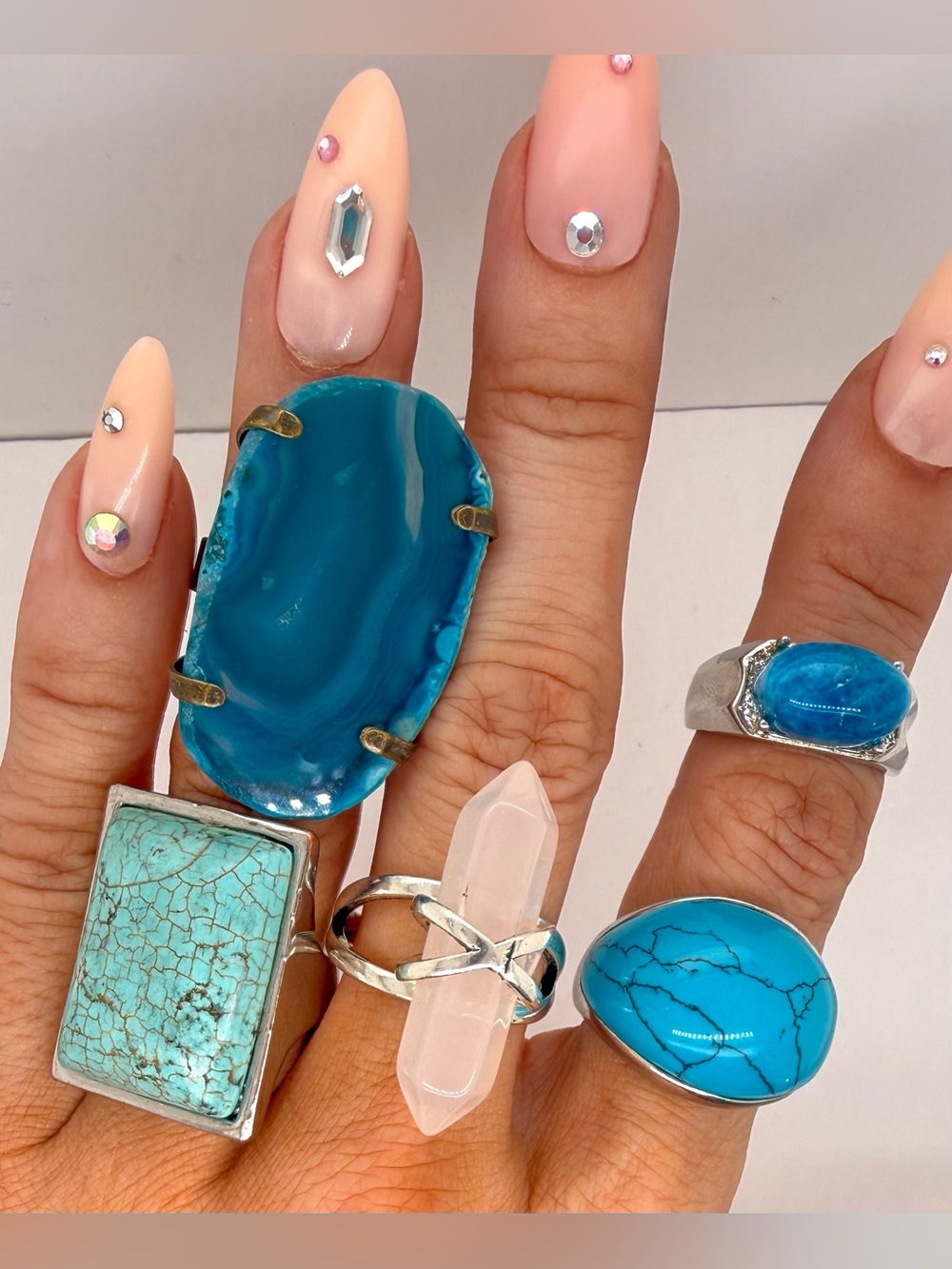 Big Chunky Fashion Blue Faux Turquoise Ring Lot size 6-9 Geode Rose Quartz